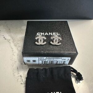 CHANEL Silver CC Logo Earrings